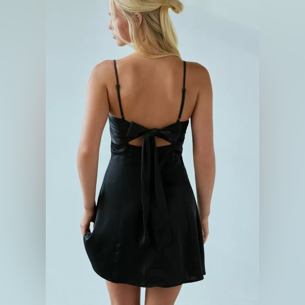 NWT Urban Outfitters Bella Bow-Tie Satin Mini Dress BROWN